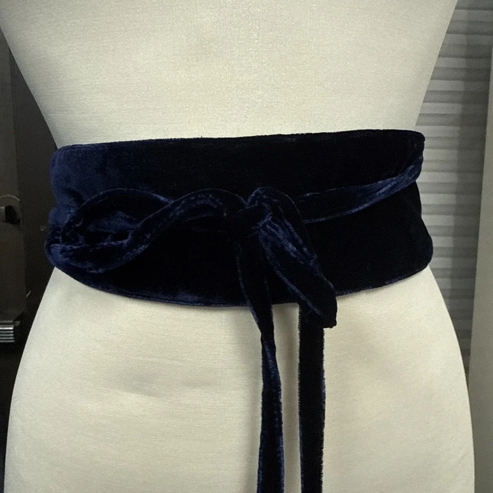 NWT Eileen Fisher Velvet Wrap Belt Navy Blue Silk Blend Obi Sash Size Small $78